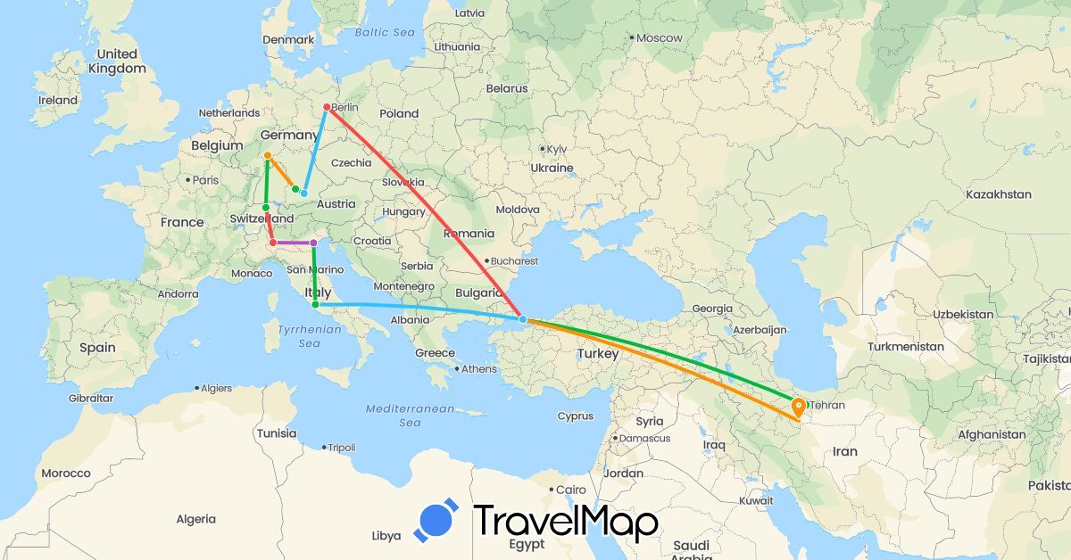 TravelMap itinerary: driving, bus, train, hiking, boat, hitchhiking in Switzerland, Germany, Iran, Italy, Turkey (Asia, Europe)